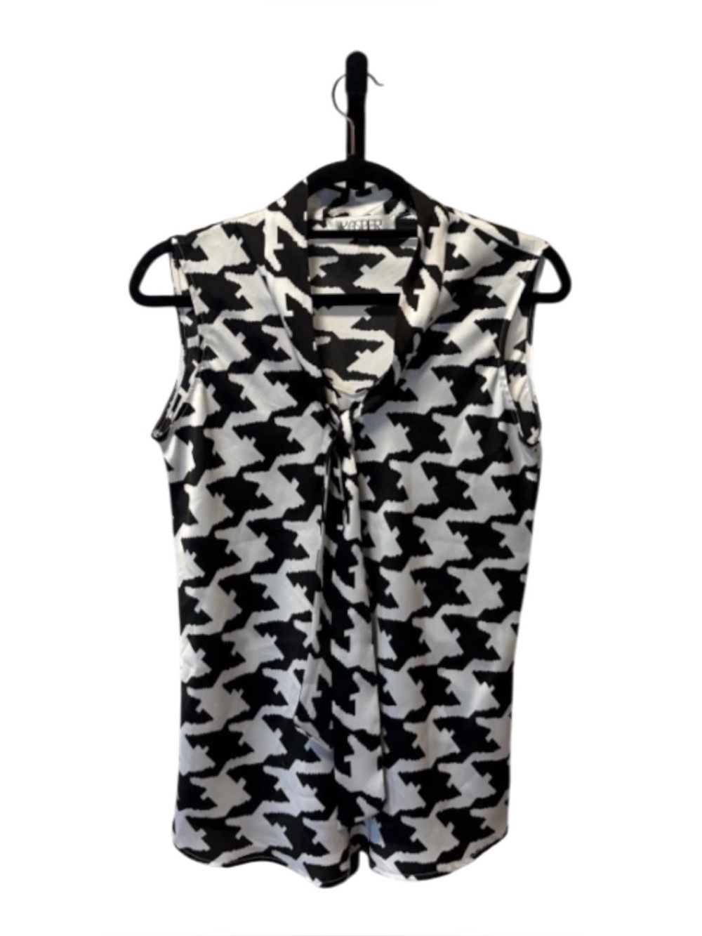 Kasper Black and White Print Tie-Neck Sleeveless Top